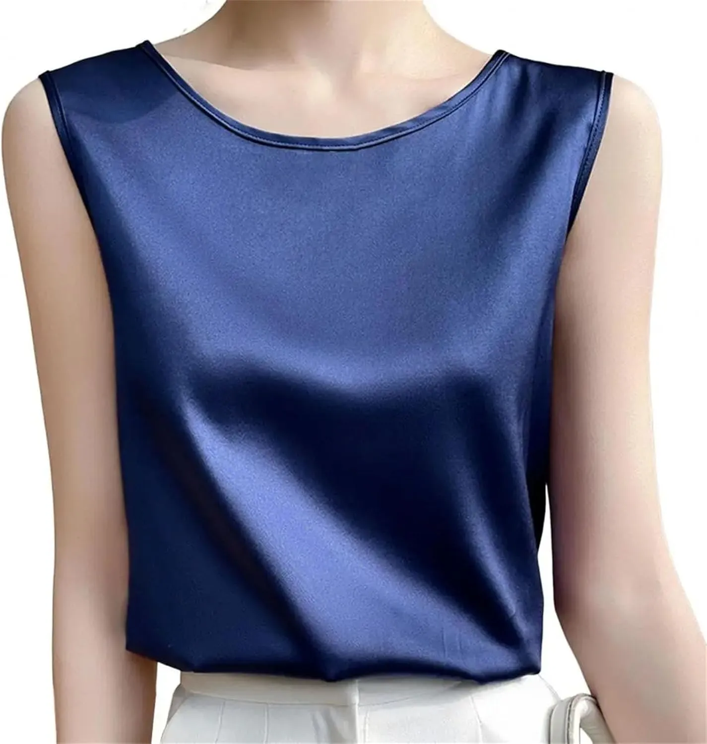 Womens Silk Satin Tank Tops Crew Neck Casual Cami Sleeveless Camisole Blouses Tank Shirt