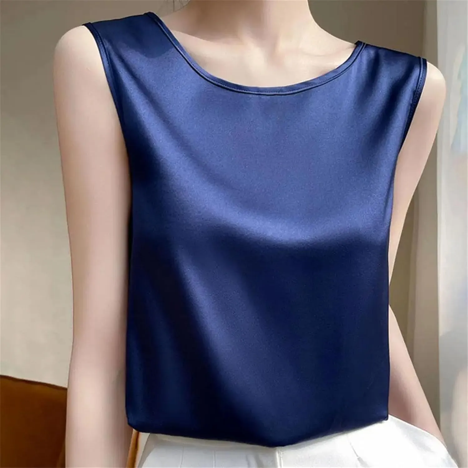 Womens Silk Satin Tank Tops Crew Neck Casual Cami Sleeveless Camisole Blouses Tank Shirt