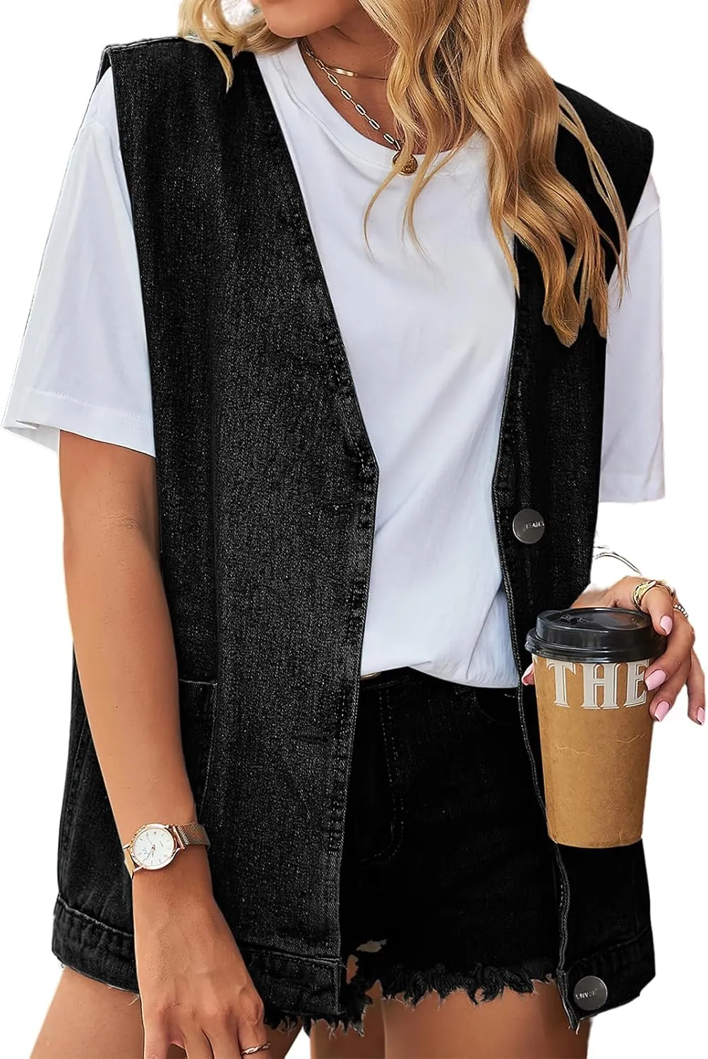 Women's Sleeveless Denim Vest Oversize Button Down Ripped Waistcoat Jacket