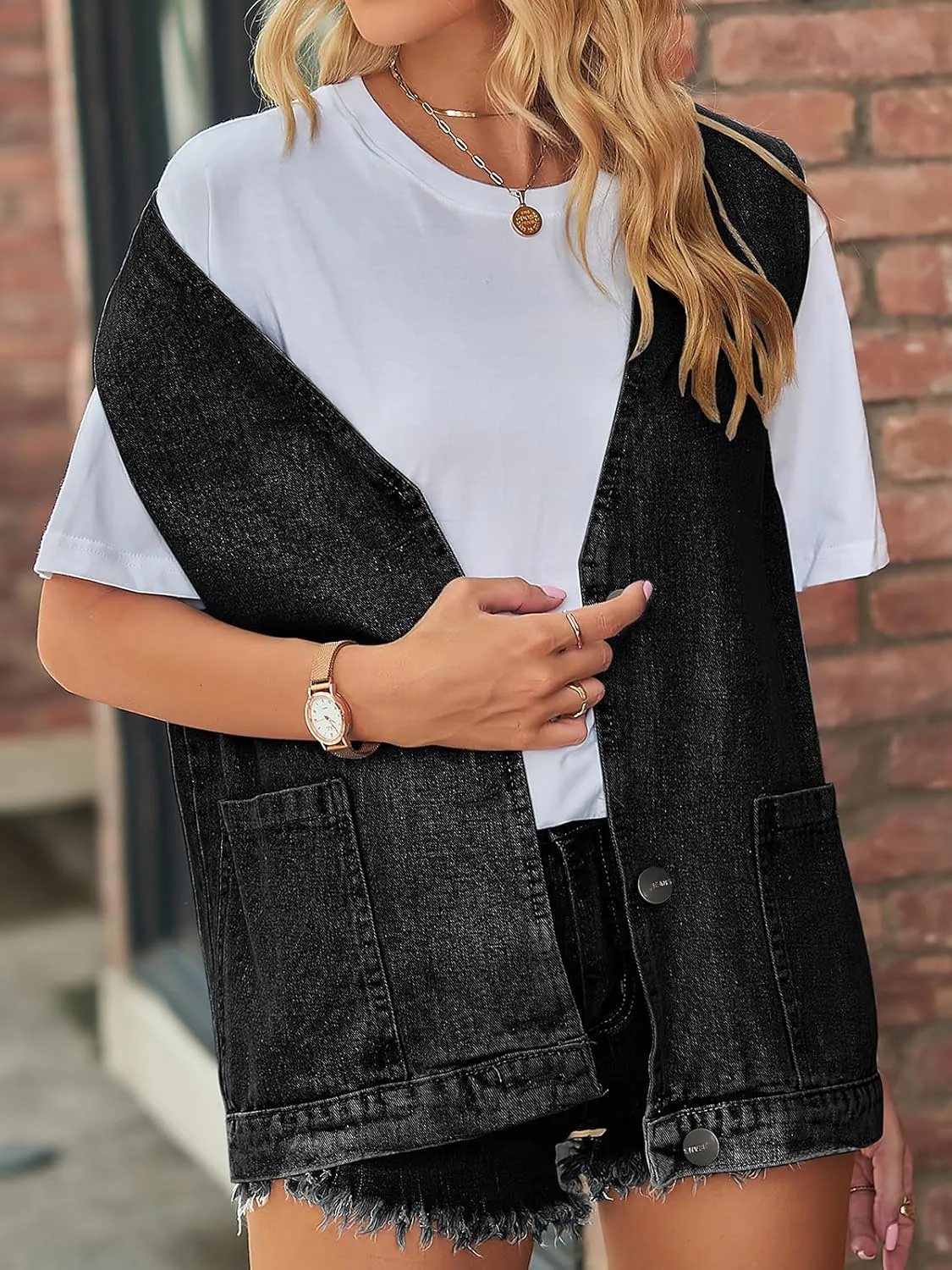Women's Sleeveless Denim Vest Oversize Button Down Ripped Waistcoat Jacket
