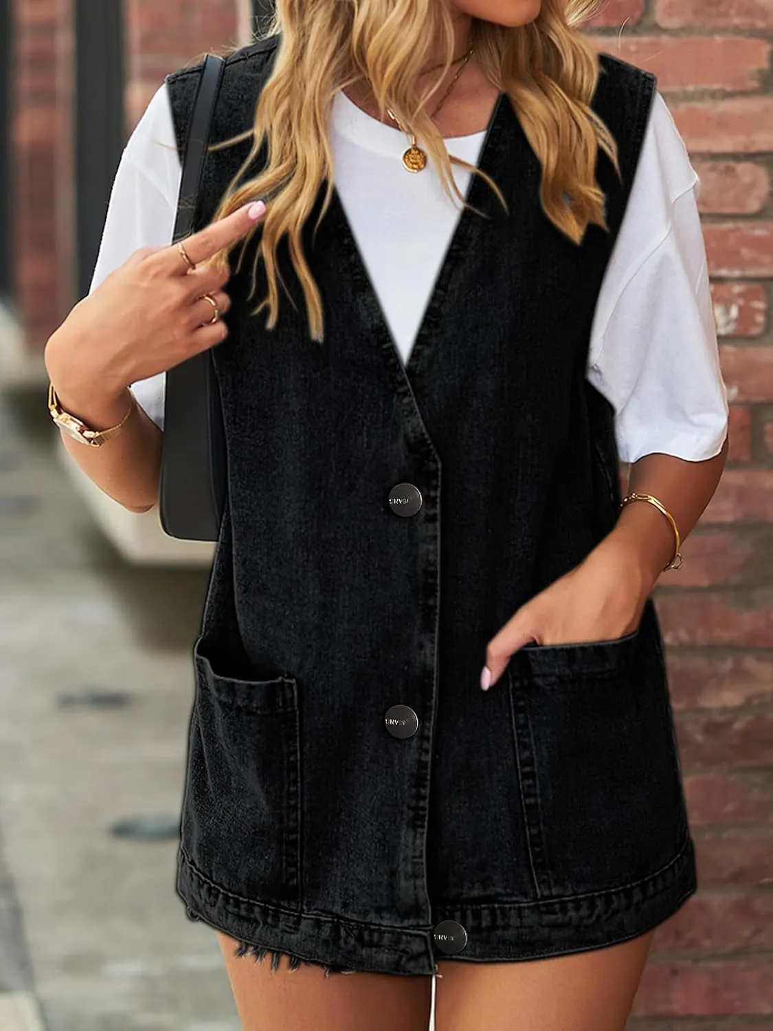 Women's Sleeveless Denim Vest Oversize Button Down Ripped Waistcoat Jacket