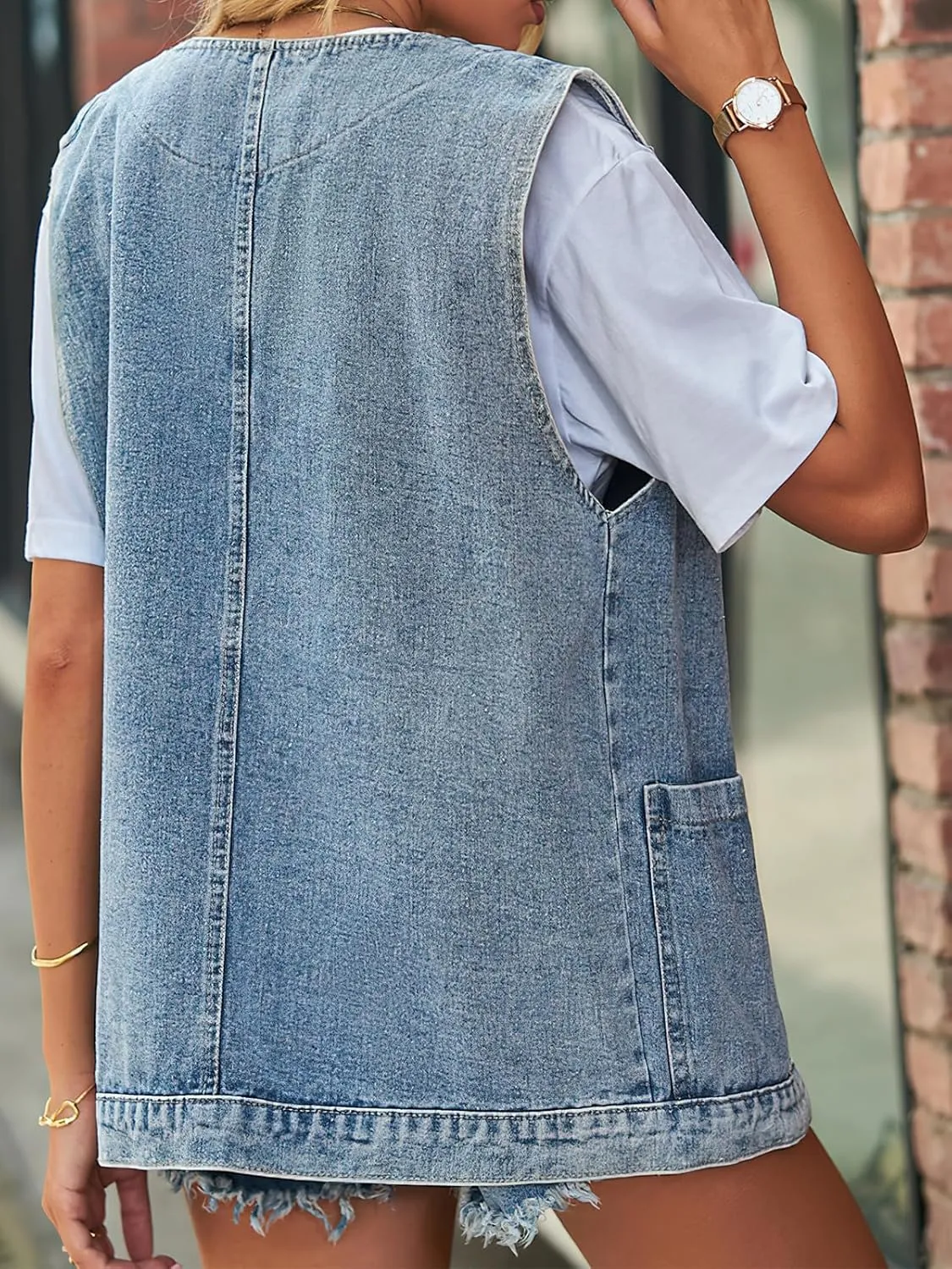 Women's Sleeveless Denim Vest Oversize Button Down Ripped Waistcoat Jacket