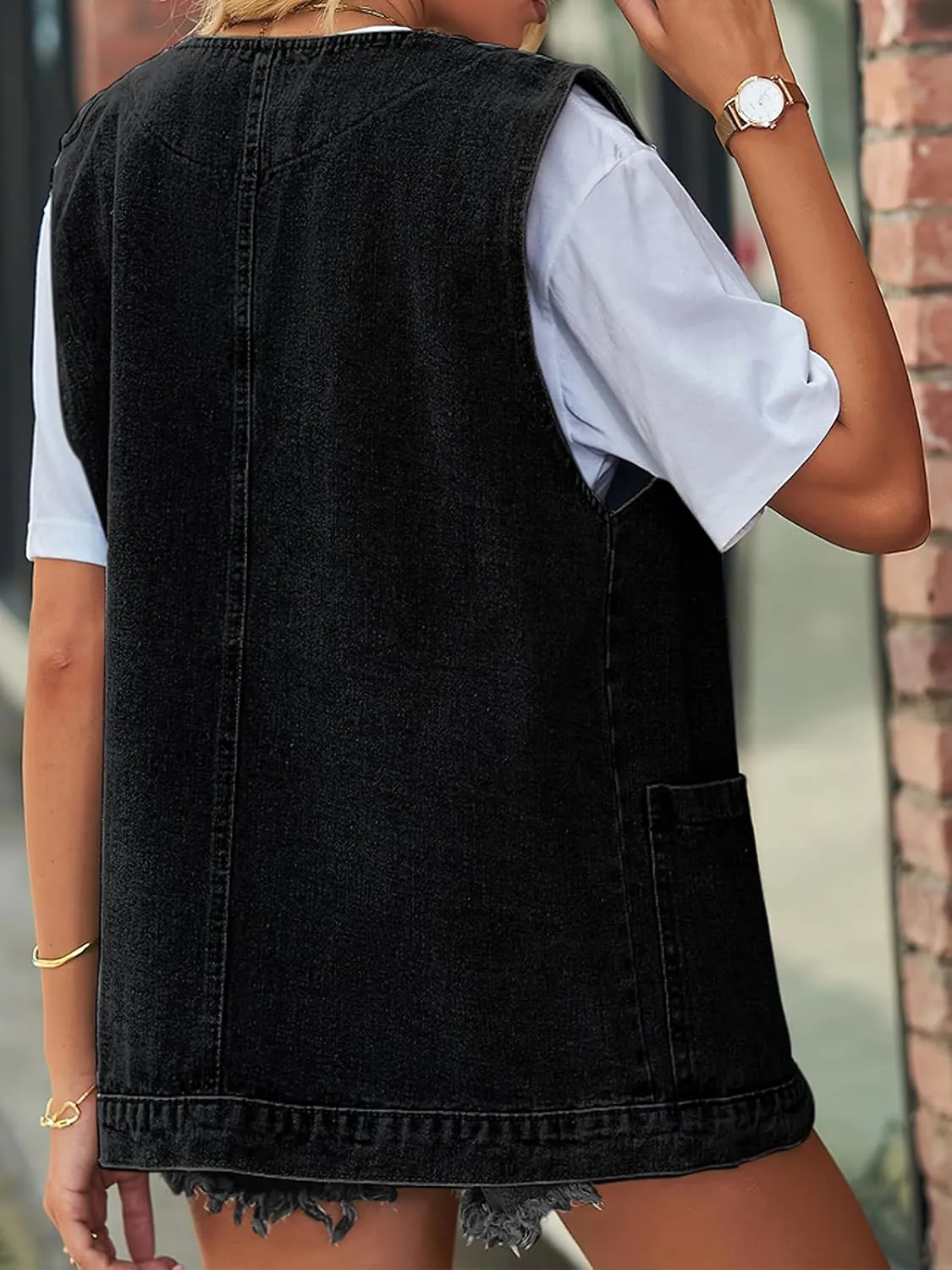 Women's Sleeveless Denim Vest Oversize Button Down Ripped Waistcoat Jacket