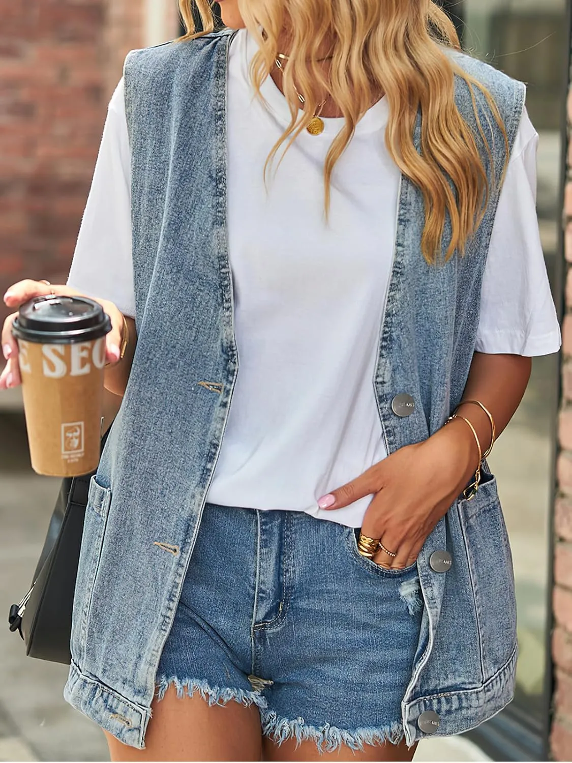 Women's Sleeveless Denim Vest Oversize Button Down Ripped Waistcoat Jacket