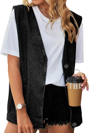 Women's Sleeveless Denim Vest Oversize Button Down Ripped Waistcoat Jacket