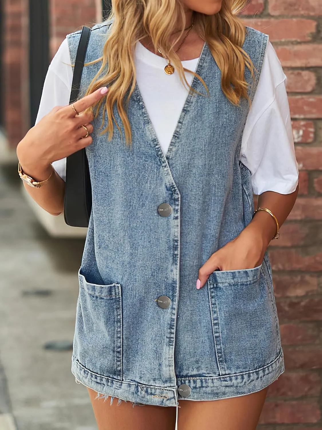 Women's Sleeveless Denim Vest Oversize Button Down Ripped Waistcoat Jacket