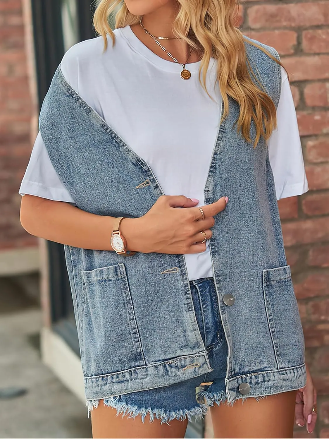 Women's Sleeveless Denim Vest Oversize Button Down Ripped Waistcoat Jacket