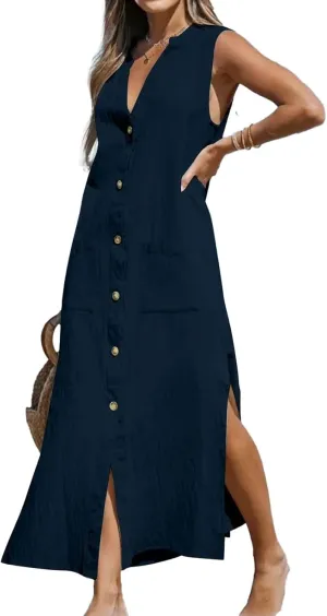 Womens Slesveless Cotton Linen Shirt Dress Deep V Neck Button Side Slit Sundress Casual Summer Maxi Tunic Tank Dress