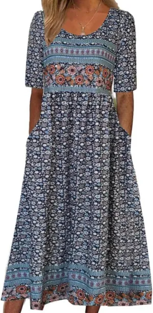 Women's Summer Dress Crew Neck 2025 Short Sleeve Vintage Ethnic Floral Print Sun Dresses Loose Casual Boho Dress