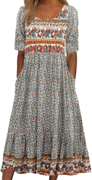 Women's Summer Dress Crew Neck 2025 Short Sleeve Vintage Ethnic Floral Print Sun Dresses Loose Casual Boho Dress