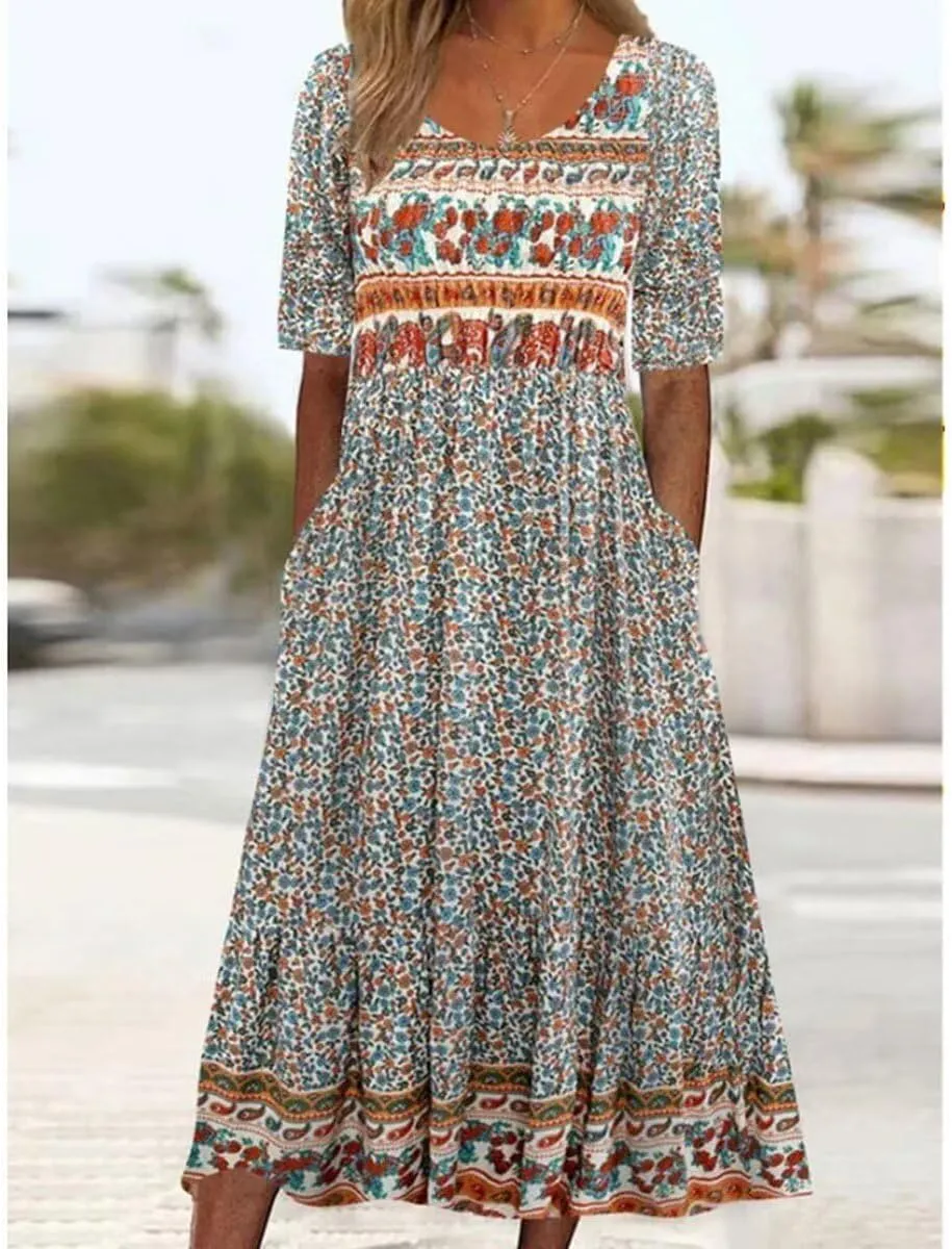 Women's Summer Dress Crew Neck 2025 Short Sleeve Vintage Ethnic Floral Print Sun Dresses Loose Casual Boho Dress