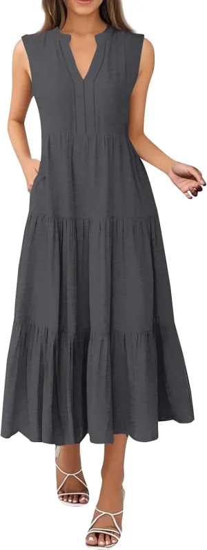 Womens Summer Dress Ruffle Sleeve V Neck Midi Dresses Fashion Casual Fit Flowy Tiered Boho Beach Vacation Sundress
