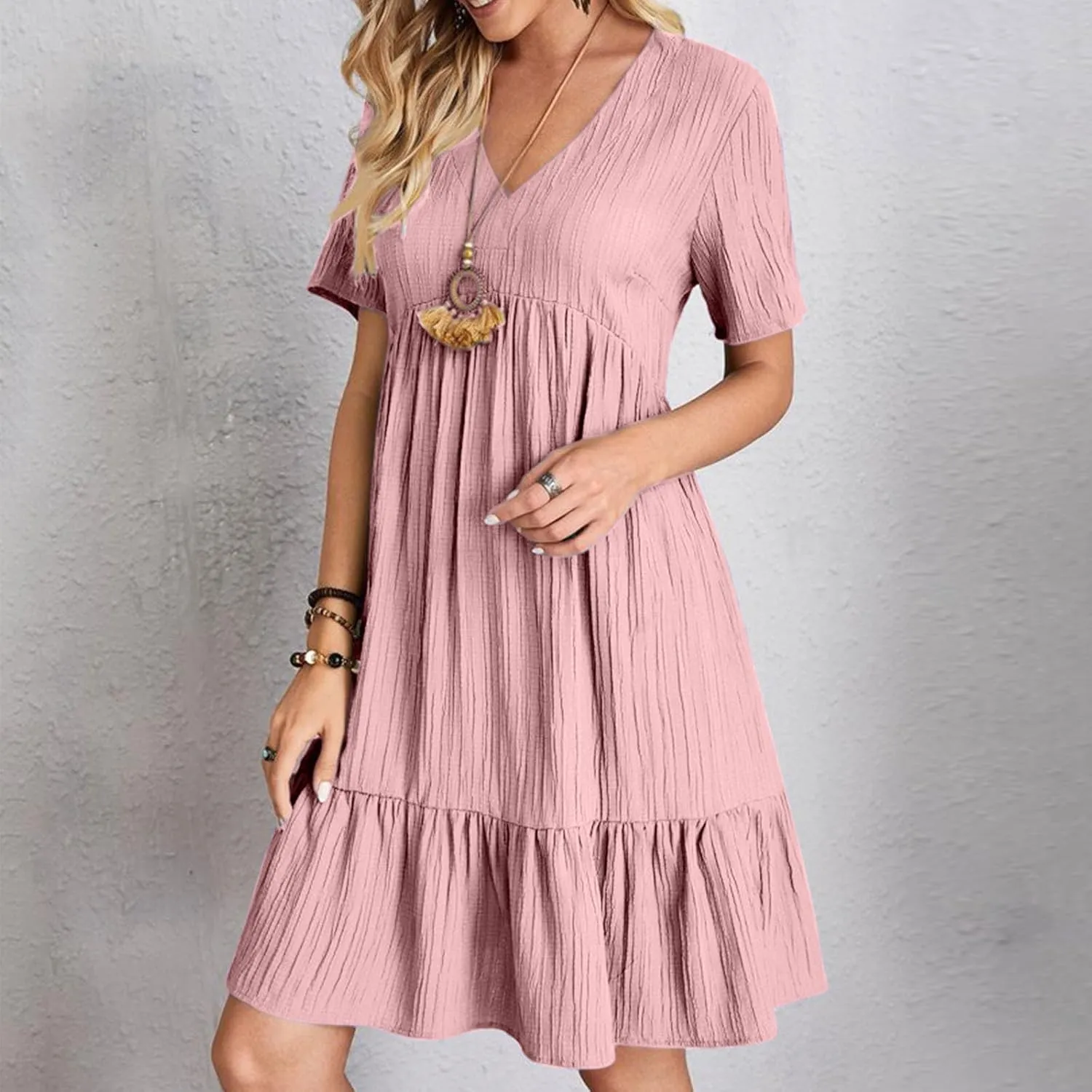 Womens Summer Dress Short Sleeve V Neck Midi Dresses Fashion Casual Fit Flowy Tiered Boho Beach Vacation Sundress