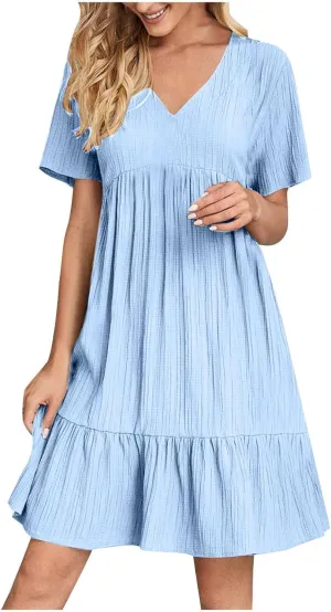 Womens Summer Dress Short Sleeve V Neck Midi Dresses Fashion Casual Fit Flowy Tiered Boho Beach Vacation Sundress