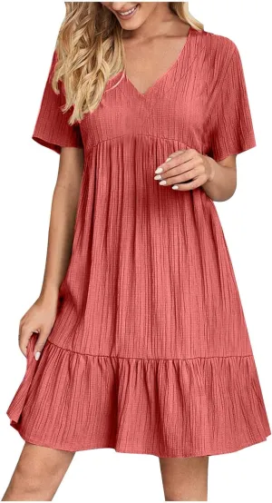 Womens Summer Dress Short Sleeve V Neck Midi Dresses Fashion Casual Fit Flowy Tiered Boho Beach Vacation Sundress