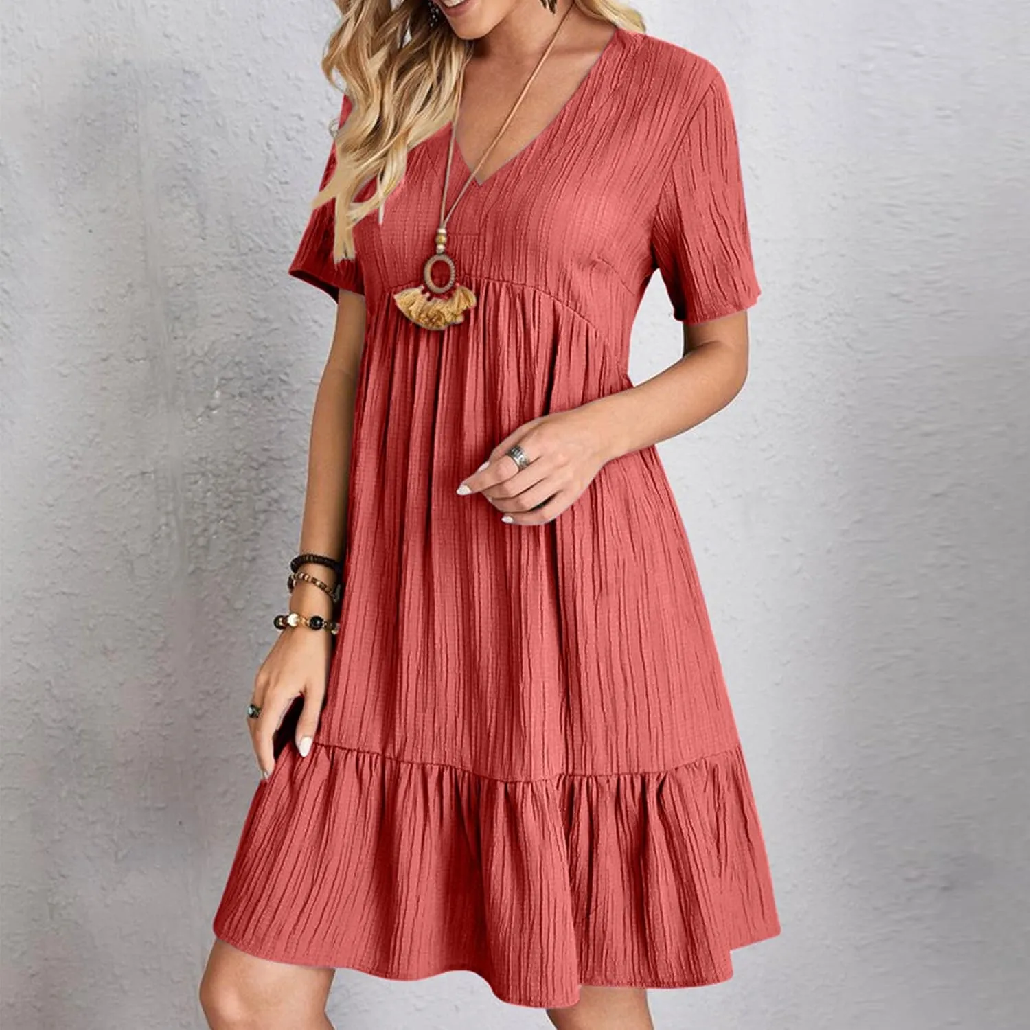 Womens Summer Dress Short Sleeve V Neck Midi Dresses Fashion Casual Fit Flowy Tiered Boho Beach Vacation Sundress