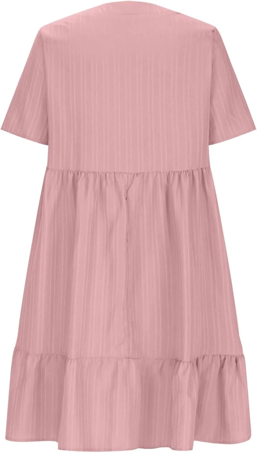 Womens Summer Dress Short Sleeve V Neck Midi Dresses Fashion Casual Fit Flowy Tiered Boho Beach Vacation Sundress