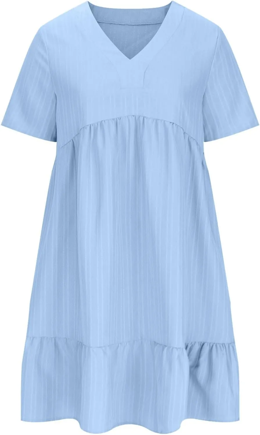 Womens Summer Dress Short Sleeve V Neck Midi Dresses Fashion Casual Fit Flowy Tiered Boho Beach Vacation Sundress
