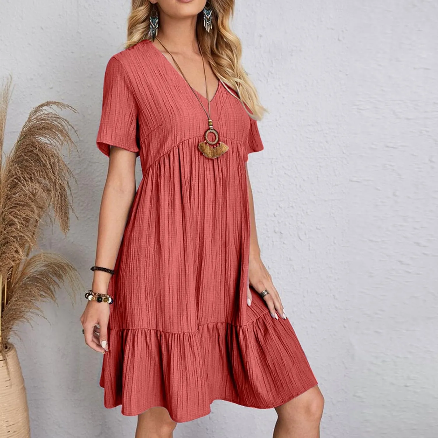 Womens Summer Dress Short Sleeve V Neck Midi Dresses Fashion Casual Fit Flowy Tiered Boho Beach Vacation Sundress