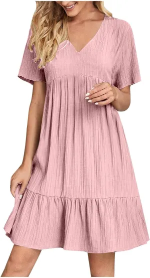 Womens Summer Dress Short Sleeve V Neck Midi Dresses Fashion Casual Fit Flowy Tiered Boho Beach Vacation Sundress