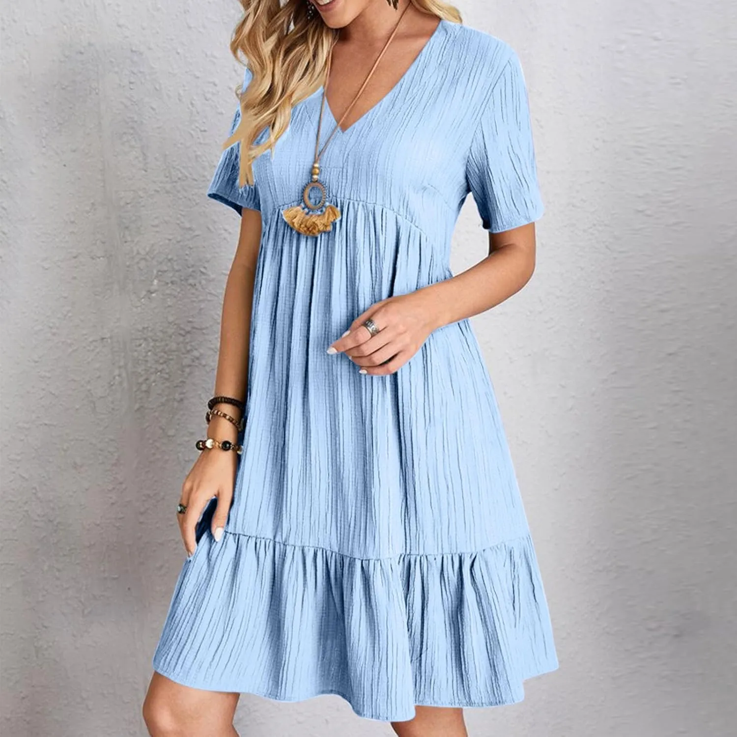 Womens Summer Dress Short Sleeve V Neck Midi Dresses Fashion Casual Fit Flowy Tiered Boho Beach Vacation Sundress