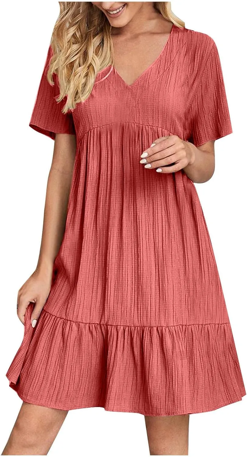 Womens Summer Dress Short Sleeve V Neck Midi Dresses Fashion Casual Fit Flowy Tiered Boho Beach Vacation Sundress