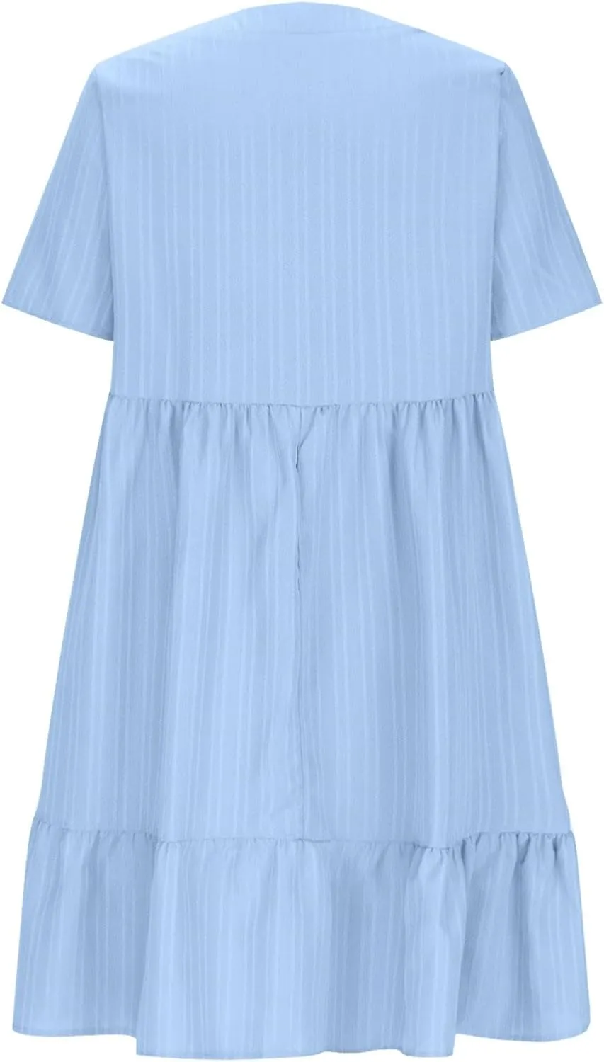 Womens Summer Dress Short Sleeve V Neck Midi Dresses Fashion Casual Fit Flowy Tiered Boho Beach Vacation Sundress