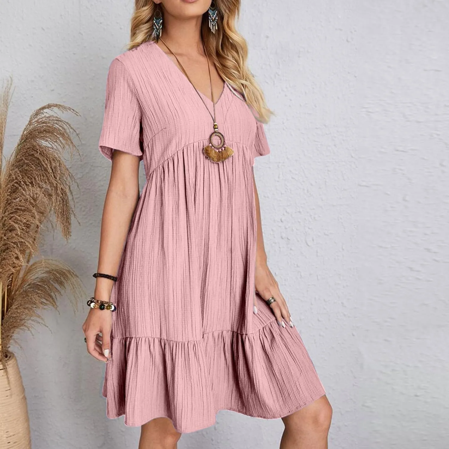 Womens Summer Dress Short Sleeve V Neck Midi Dresses Fashion Casual Fit Flowy Tiered Boho Beach Vacation Sundress