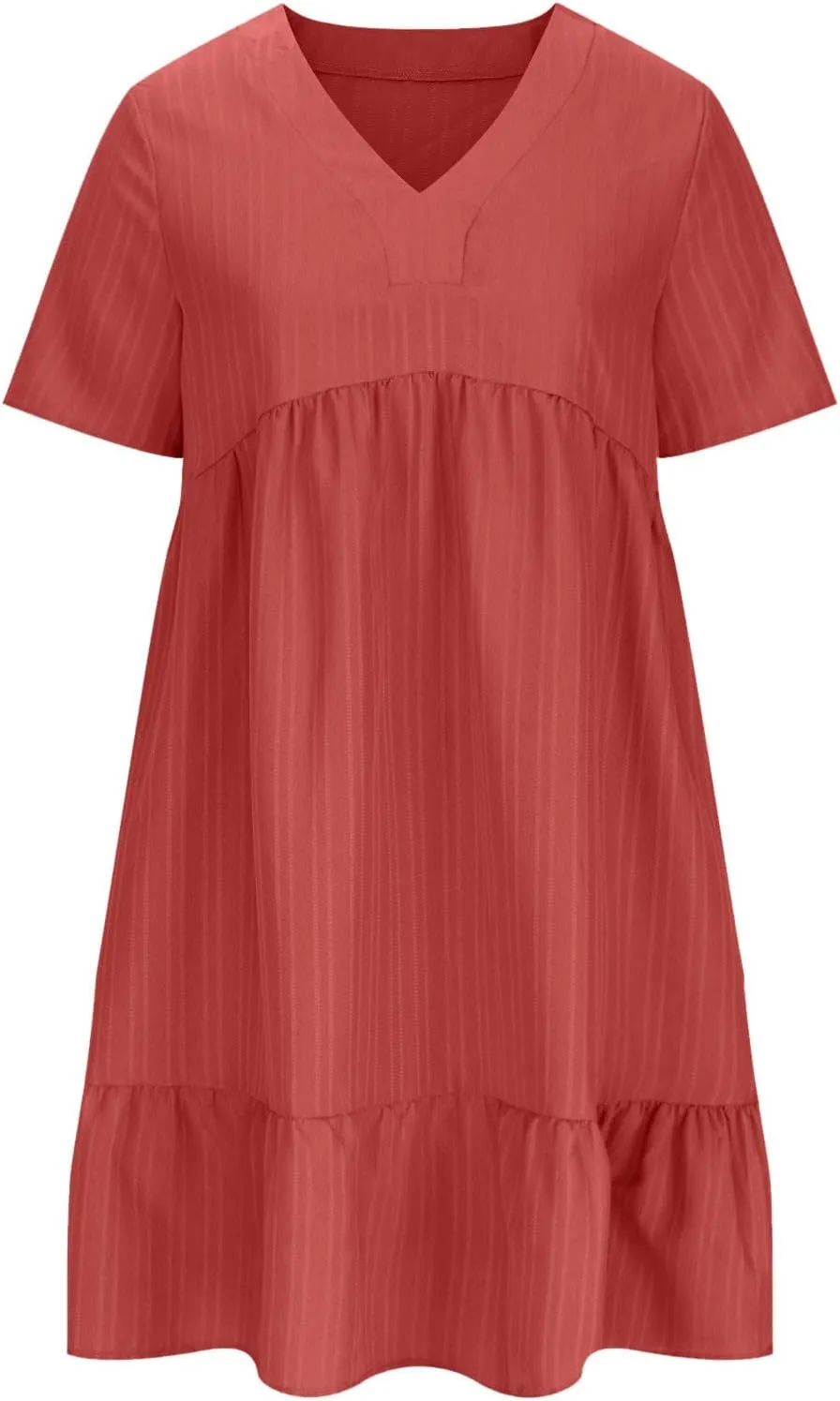 Womens Summer Dress Short Sleeve V Neck Midi Dresses Fashion Casual Fit Flowy Tiered Boho Beach Vacation Sundress