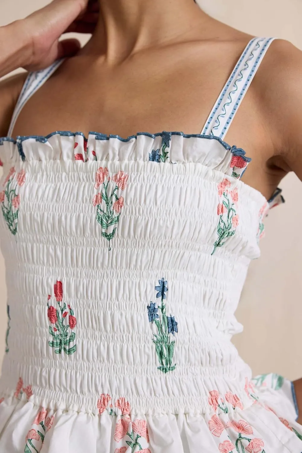 Womens Summer Flowy Smocked Beach Dresses Y2K Floral Contrast Color Boho Shoulder Tie Shirred Maxi Dress Sundresses