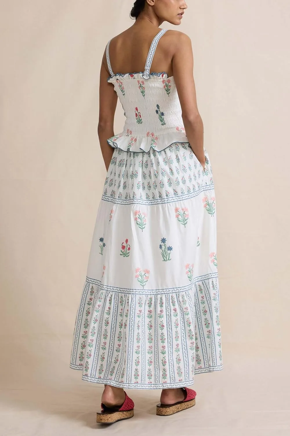 Womens Summer Flowy Smocked Beach Dresses Y2K Floral Contrast Color Boho Shoulder Tie Shirred Maxi Dress Sundresses