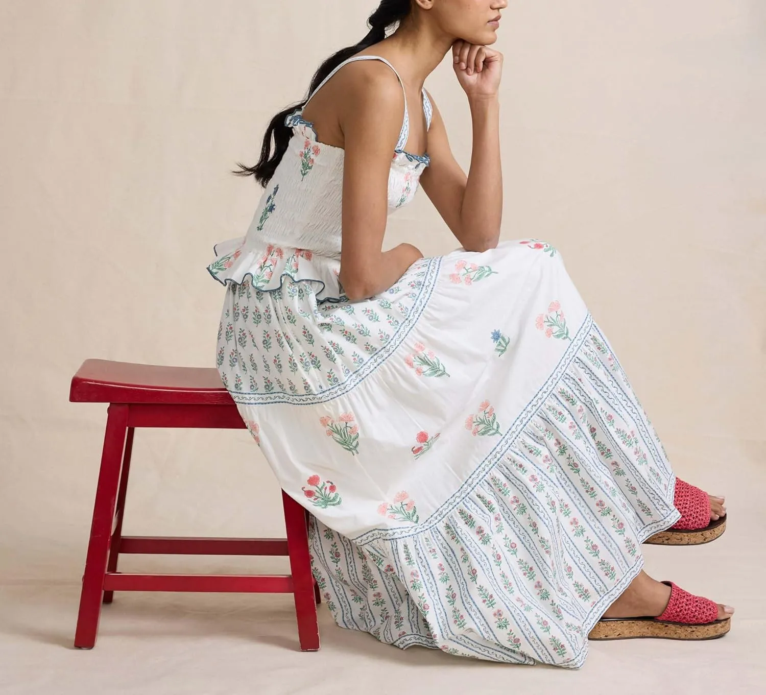 Womens Summer Flowy Smocked Beach Dresses Y2K Floral Contrast Color Boho Shoulder Tie Shirred Maxi Dress Sundresses