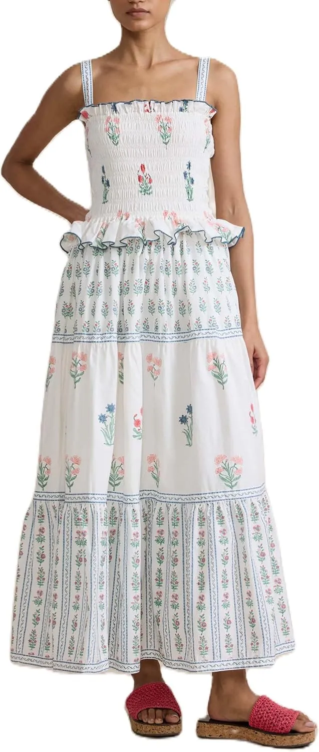 Womens Summer Flowy Smocked Beach Dresses Y2K Floral Contrast Color Boho Shoulder Tie Shirred Maxi Dress Sundresses