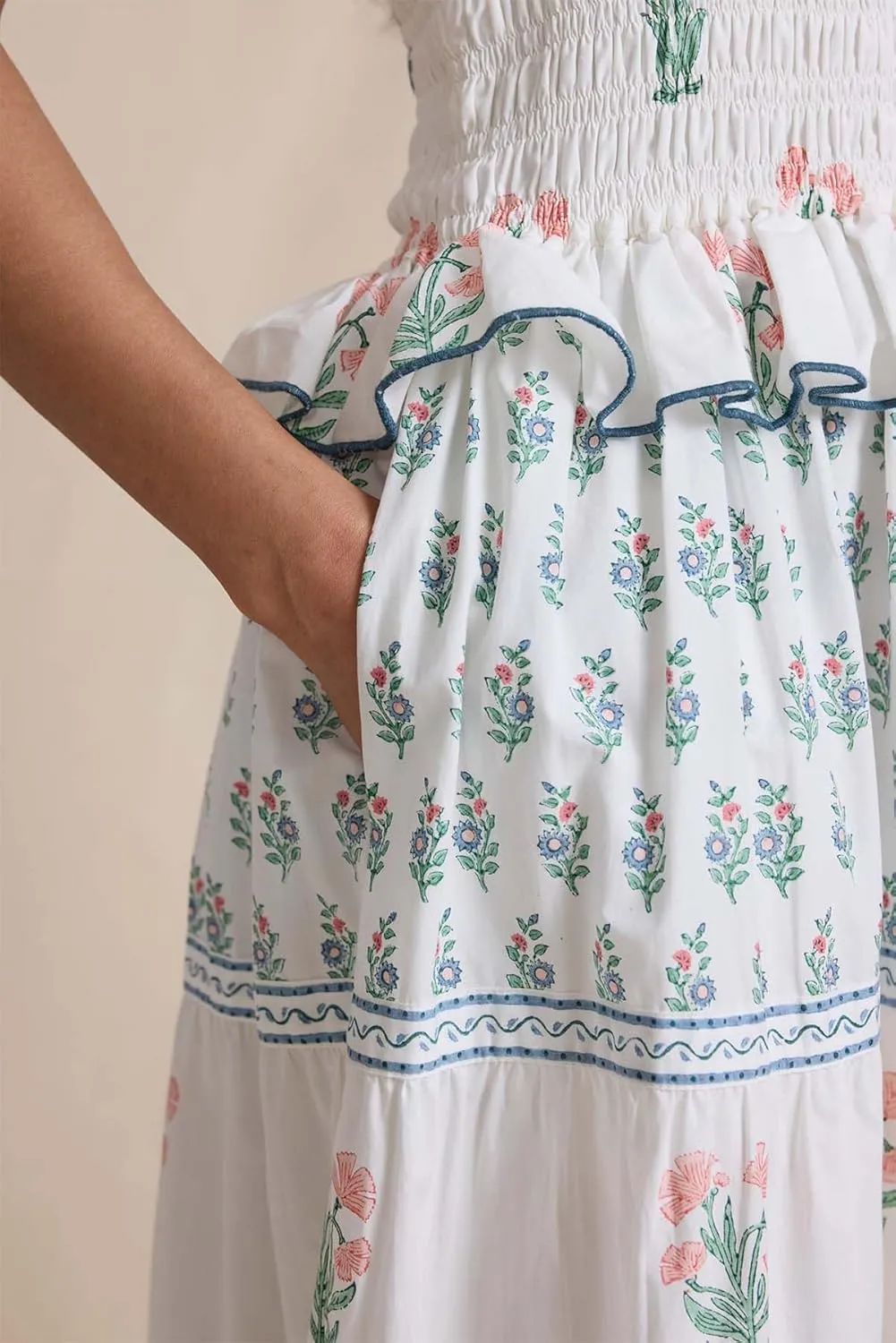 Womens Summer Flowy Smocked Beach Dresses Y2K Floral Contrast Color Boho Shoulder Tie Shirred Maxi Dress Sundresses
