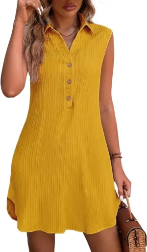 Women's Summer Texture Button Front Halter Neck A-Line Dress Curved Hem Vacation Beach Outfits Short Dresses