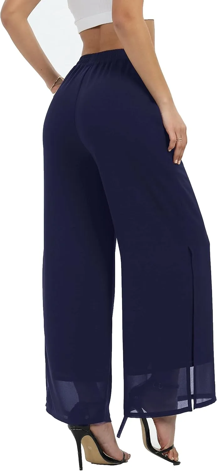 Women's Wide Leg Chiffon Dress Palazzo Pants Casual Split Hem Summer Trousers Party Club Pant