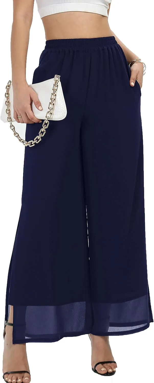 Women's Wide Leg Chiffon Dress Palazzo Pants Casual Split Hem Summer Trousers Party Club Pant