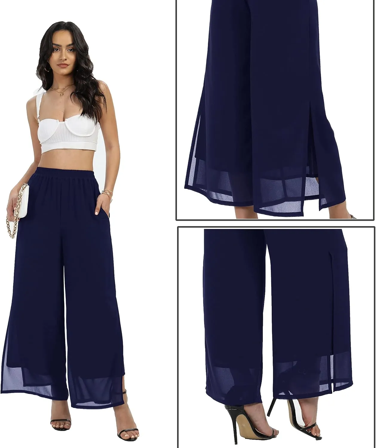 Women's Wide Leg Chiffon Dress Palazzo Pants Casual Split Hem Summer Trousers Party Club Pant