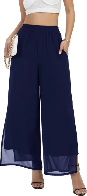 Women's Wide Leg Chiffon Dress Palazzo Pants Casual Split Hem Summer Trousers Party Club Pant