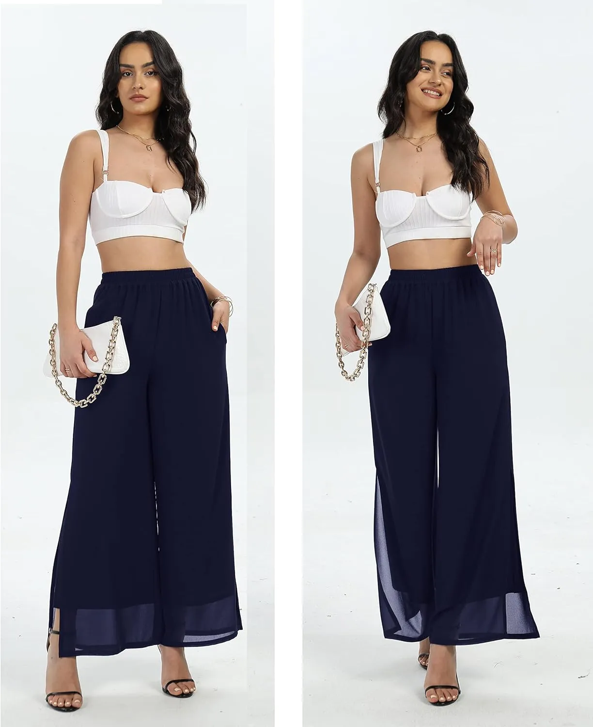 Women's Wide Leg Chiffon Dress Palazzo Pants Casual Split Hem Summer Trousers Party Club Pant
