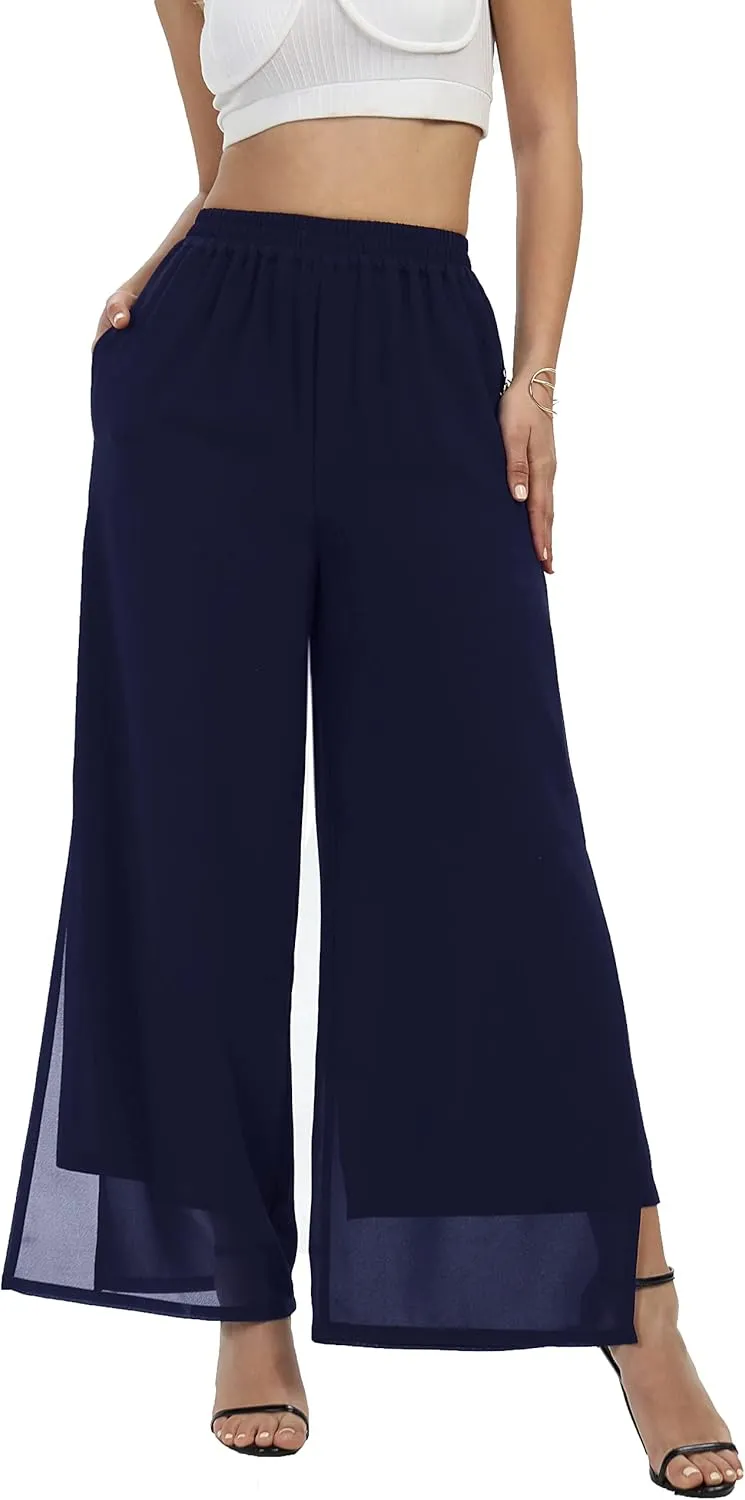 Women's Wide Leg Chiffon Dress Palazzo Pants Casual Split Hem Summer Trousers Party Club Pant