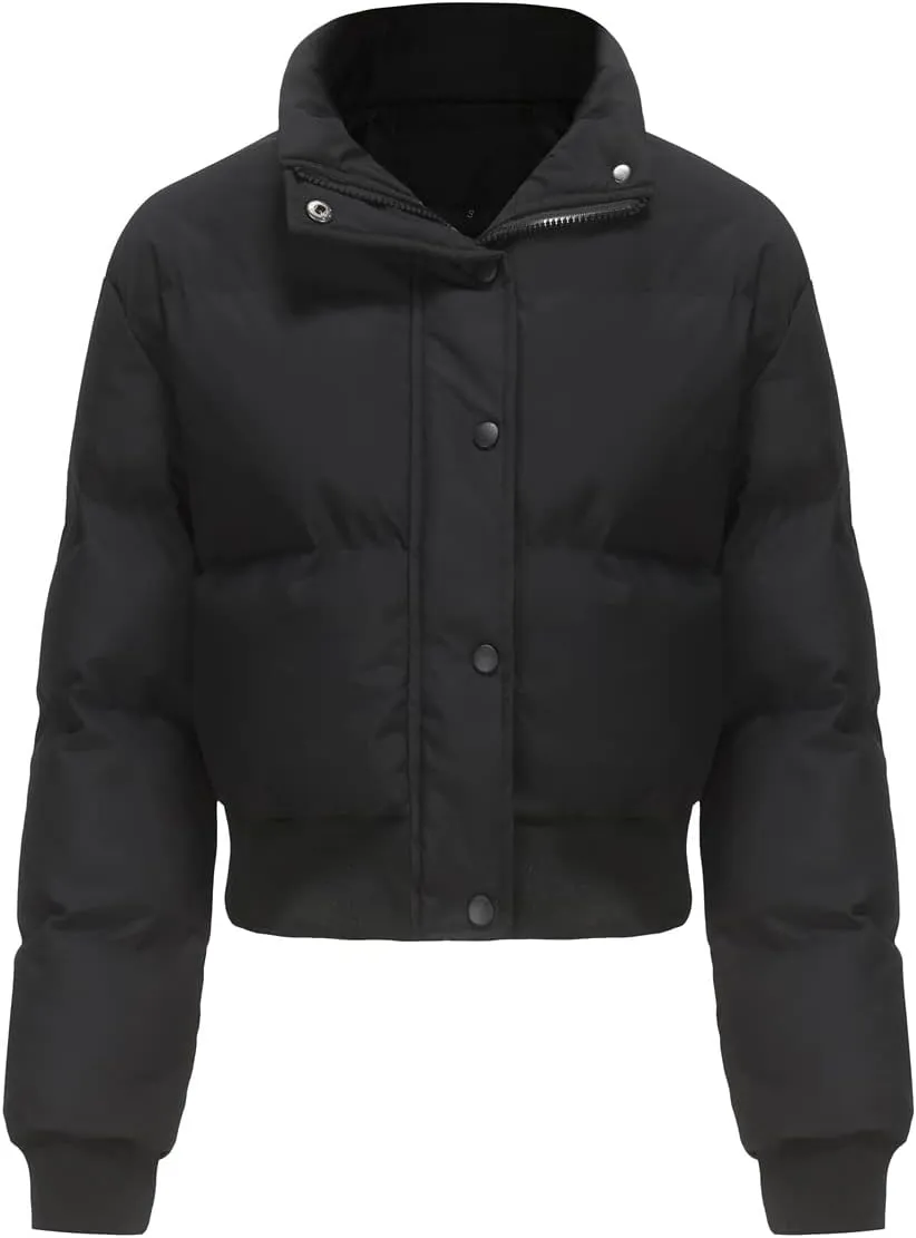 Women's Winter Puffer Jacket, High Neck, Short Length, Long Sleeve, Casual Fit, Cotton Padded Coat