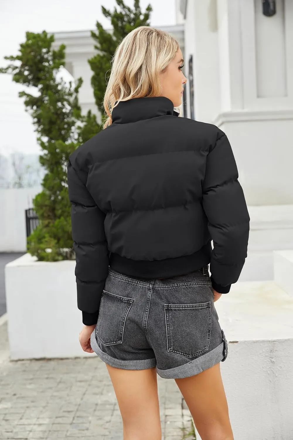 Women's Winter Puffer Jacket, High Neck, Short Length, Long Sleeve, Casual Fit, Cotton Padded Coat