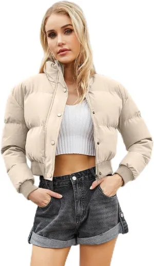 Women's Winter Puffer Jacket, High Neck, Short Length, Long Sleeve, Casual Fit, Cotton Padded Coat