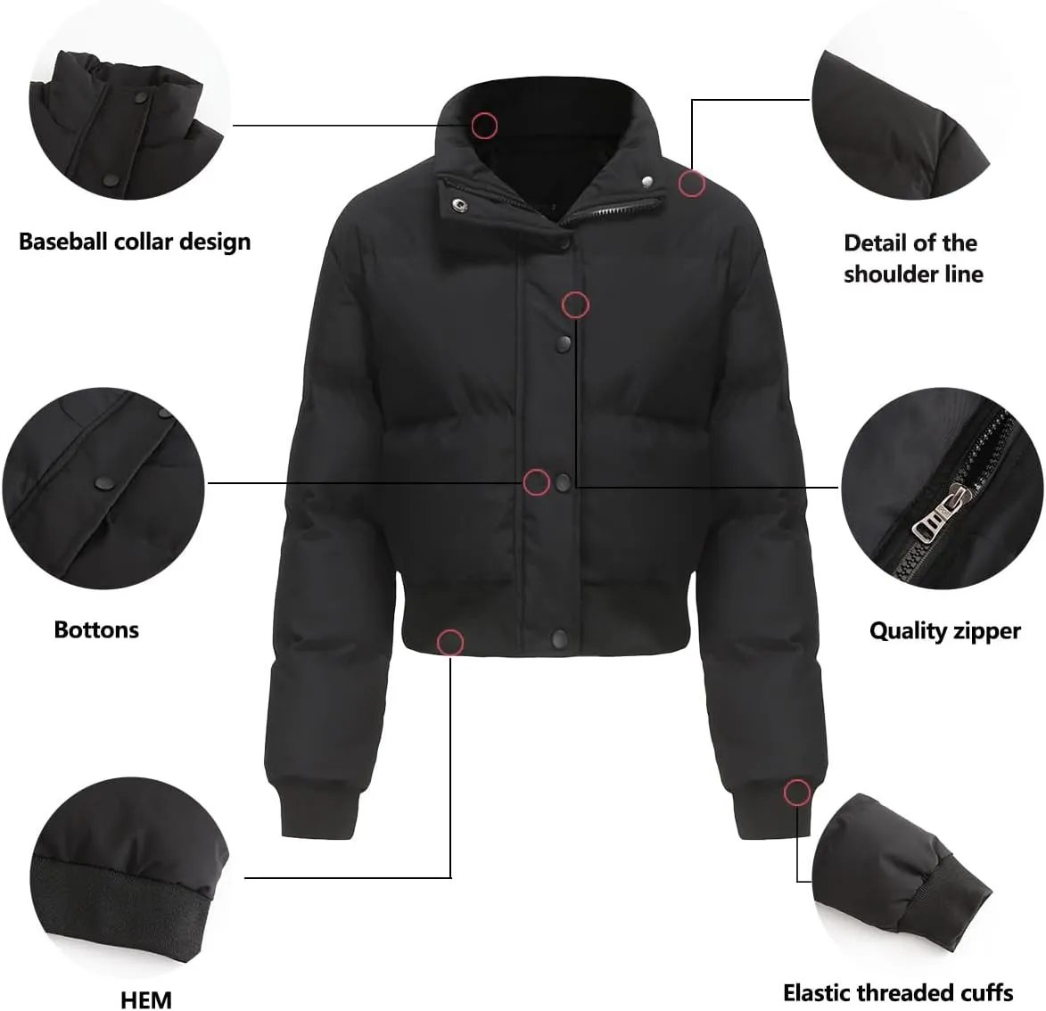 Women's Winter Puffer Jacket, High Neck, Short Length, Long Sleeve, Casual Fit, Cotton Padded Coat
