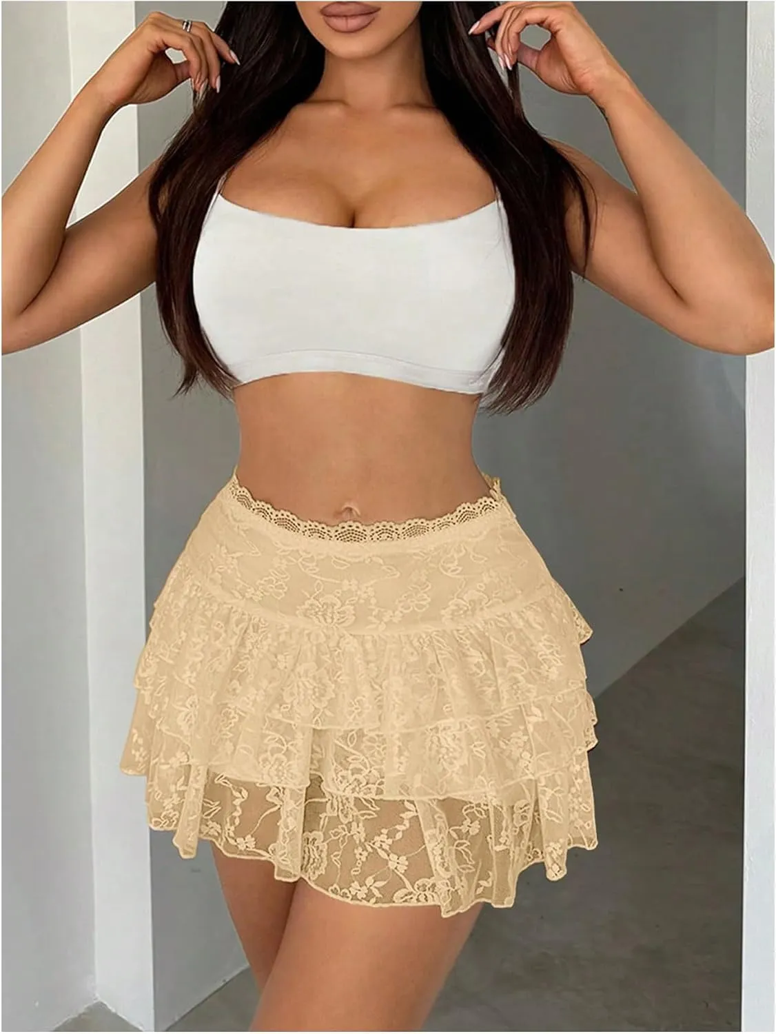 Women's Y2K Tiered Layer Skirt High Waist Lace Loose Mini Skirt Ruffle Hem Cake Skirt