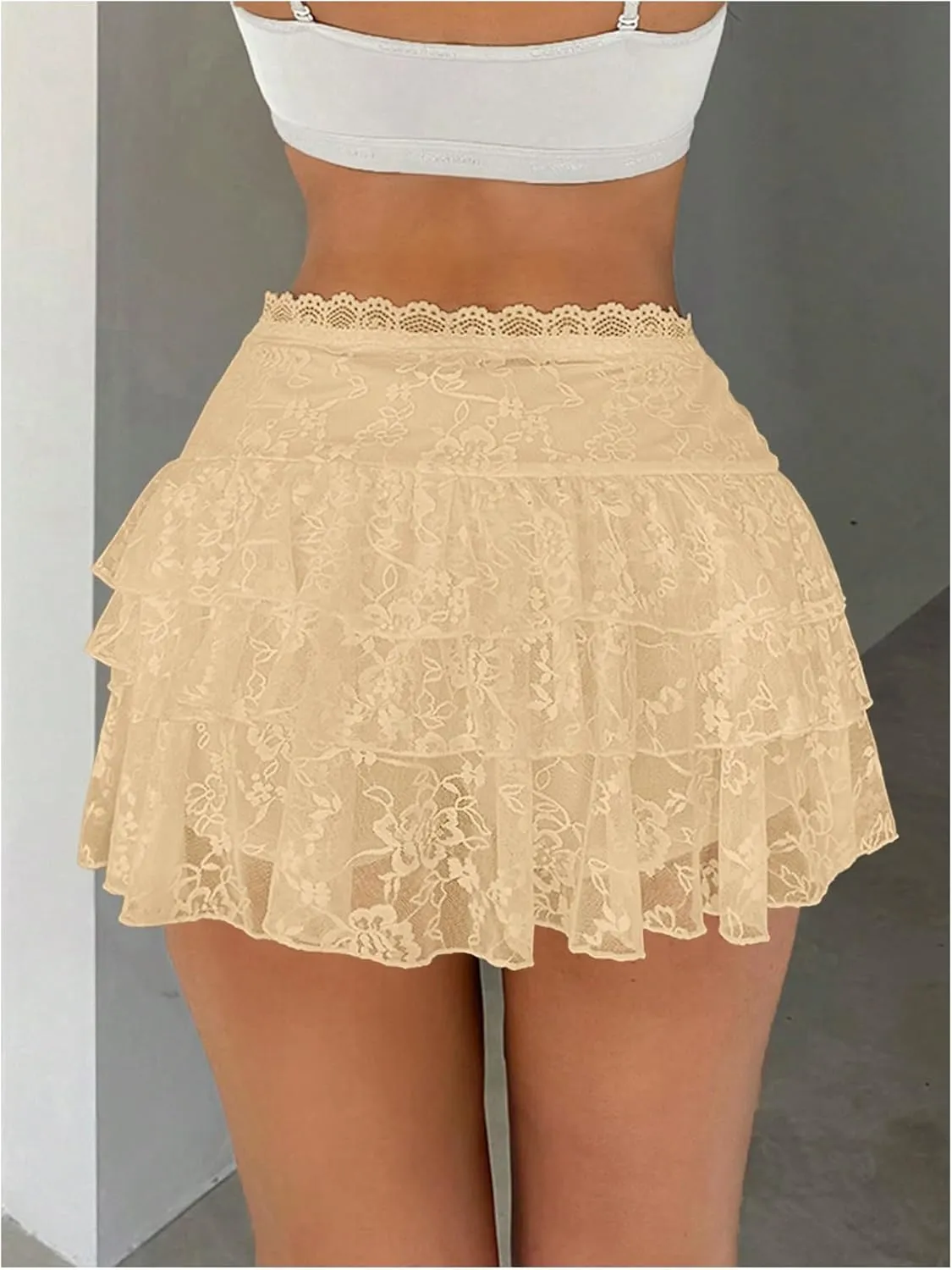 Women's Y2K Tiered Layer Skirt High Waist Lace Loose Mini Skirt Ruffle Hem Cake Skirt
