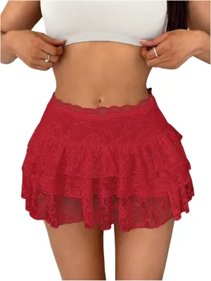 Women's Y2K Tiered Layer Skirt High Waist Lace Loose Mini Skirt Ruffle Hem Cake Skirt