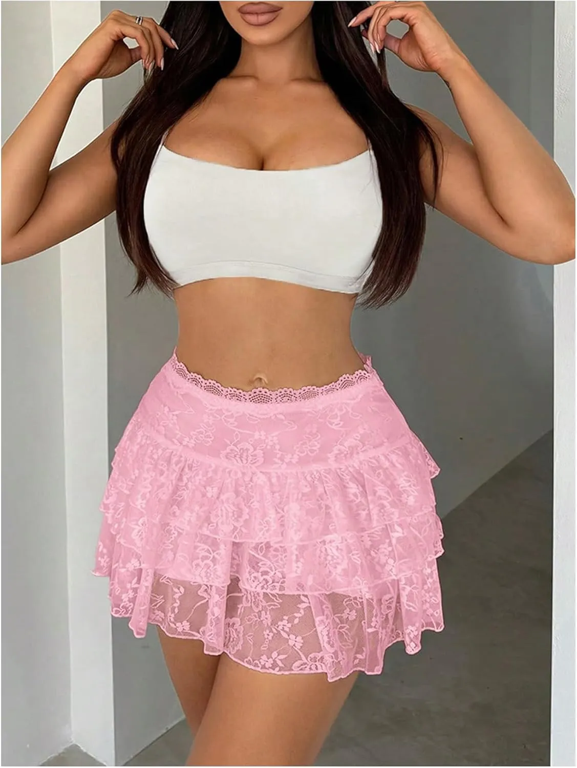 Women's Y2K Tiered Layer Skirt High Waist Lace Loose Mini Skirt Ruffle Hem Cake Skirt