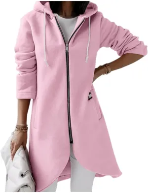 Womens Zip Up Hoodie Trendy Drawstring Oversized Long Hooded Sweatshirts Cute Tunic Irregular Hem Jackets Loose Coats